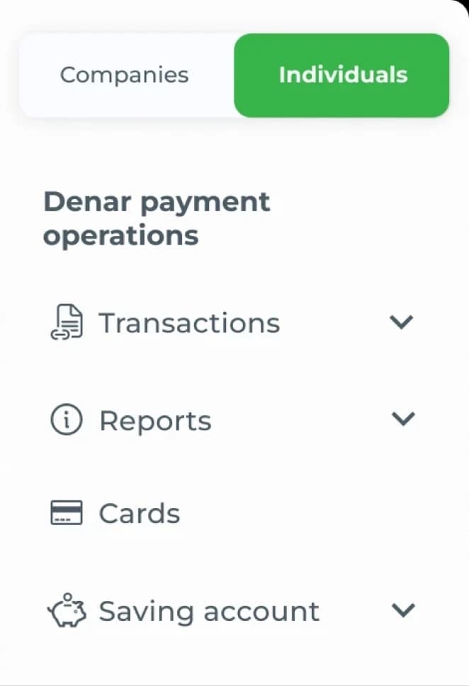 The redesigned sidebar: Companies and Individuals tabs on top, then payment operations grouped into Transactions, Reports, Cards, and Saving account.