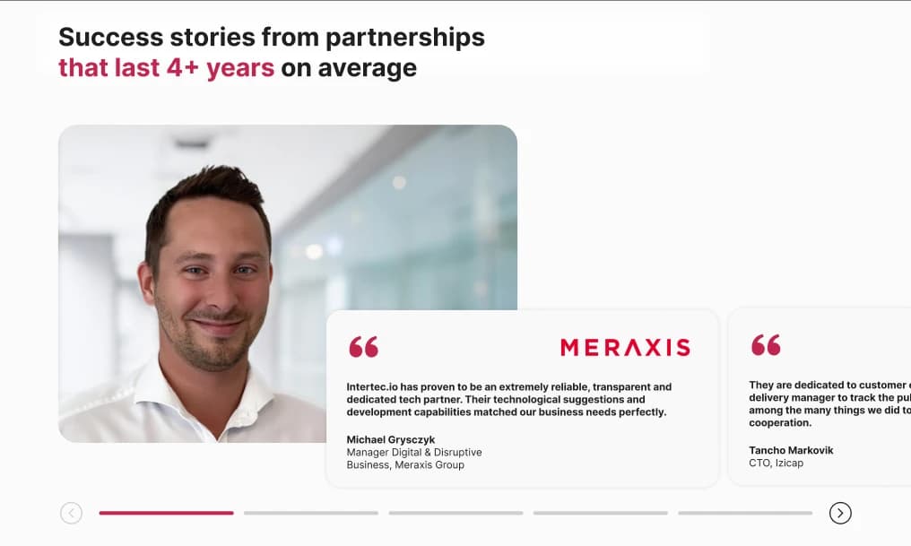 Testimonial component with client quote, name, and company.