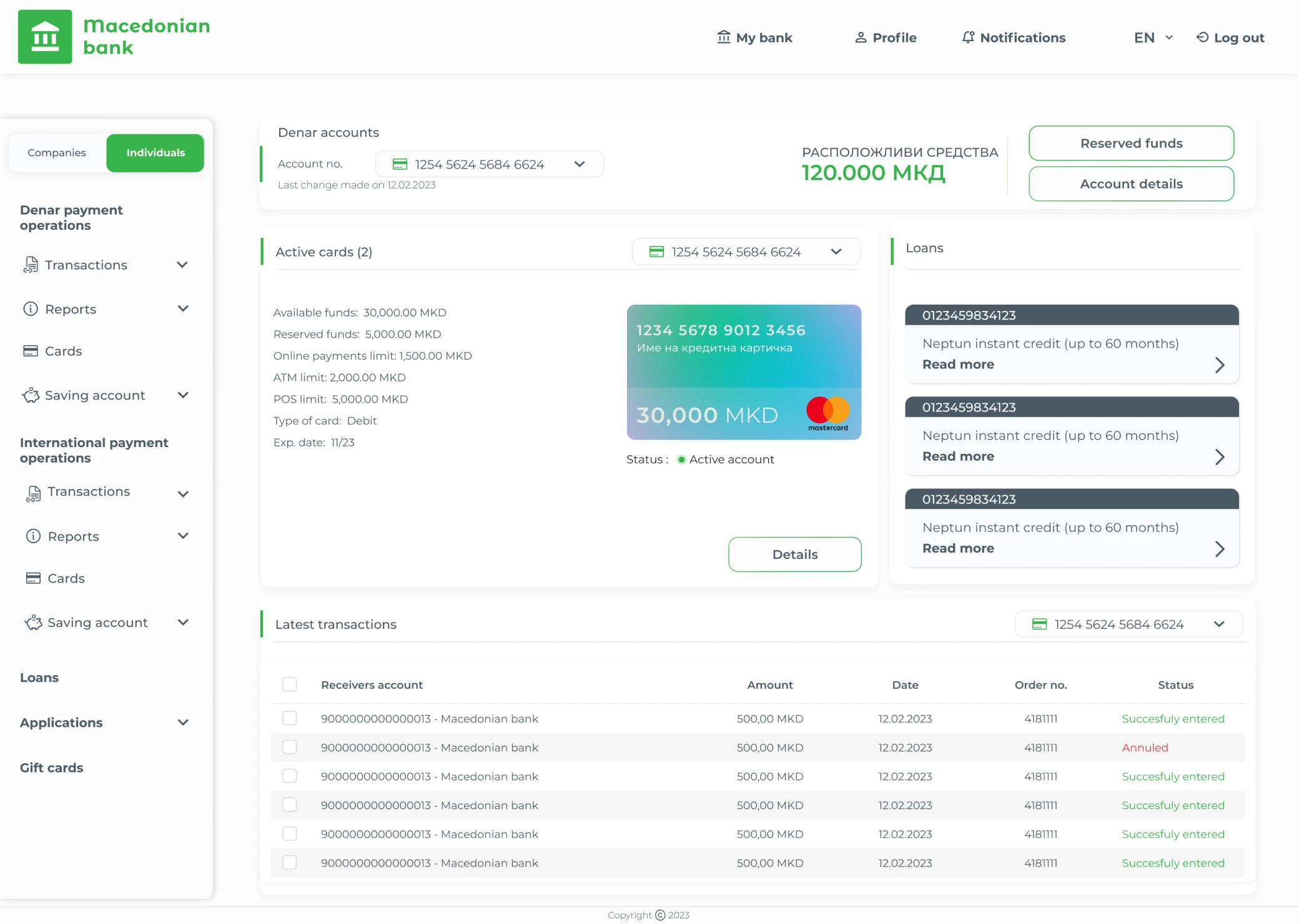 The same banking dashboard, desktop view in the browser.